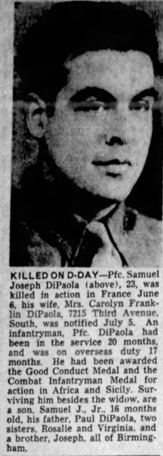 Private First Class Di Paola Samuel J (Service #: 34396571) died on 1944-06-06